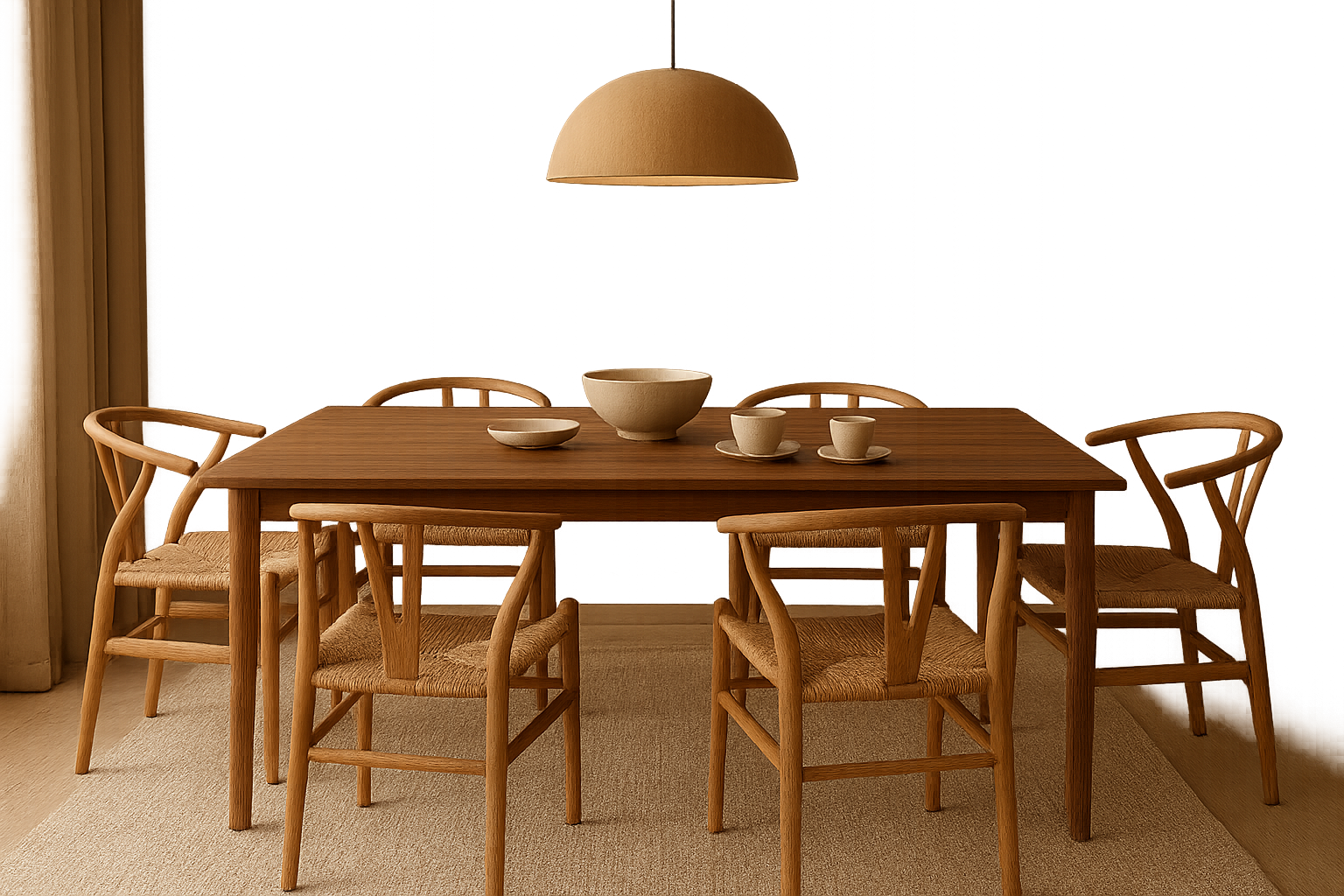 Warm walnut dining setting with sculpted wooden chairs, stoneware table styling, and pendant light glow