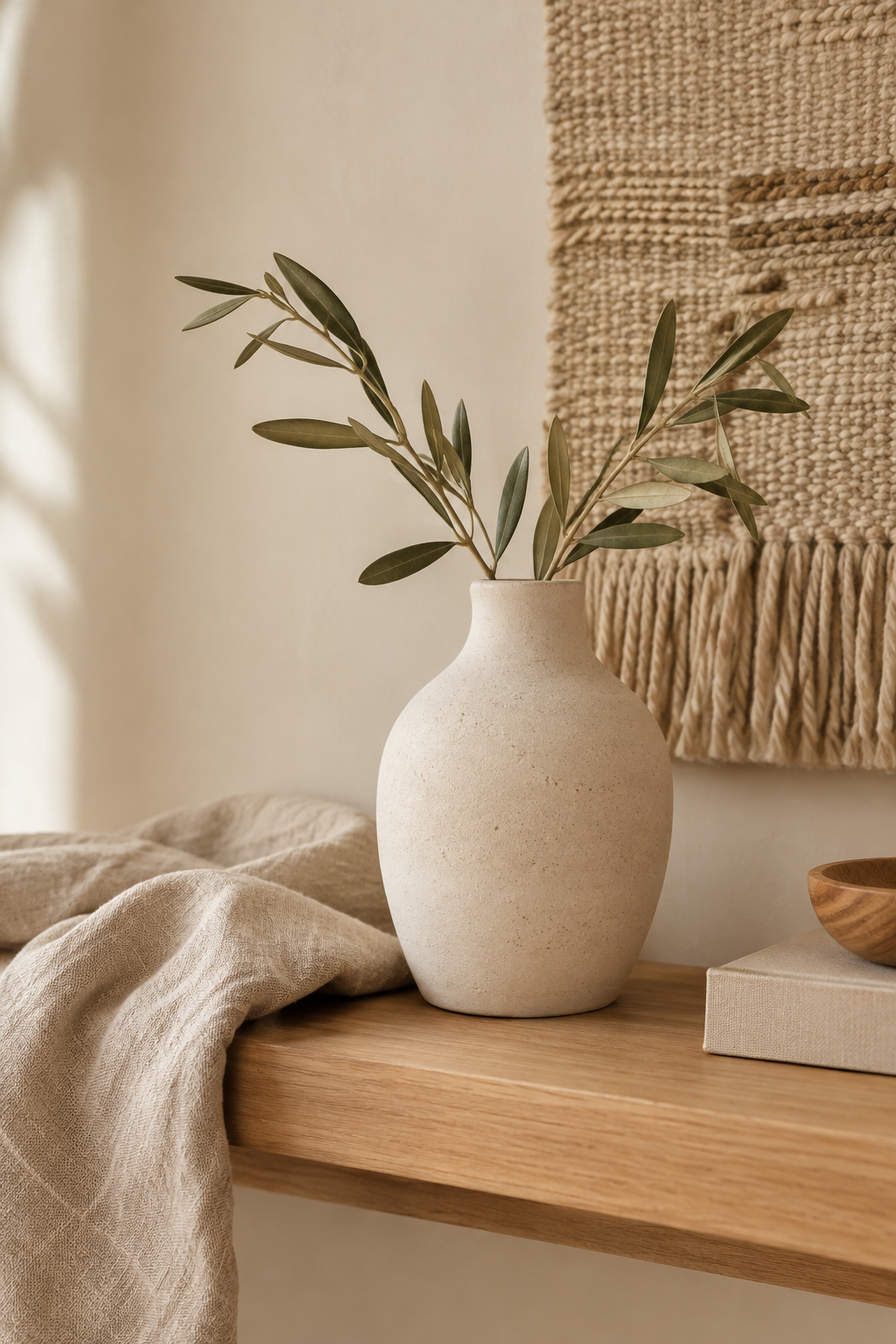 Warm artisan interior detail with a matte ceramic vase on a wooden shelf, soft linen fabric, and woven wall texture in natural earth tones