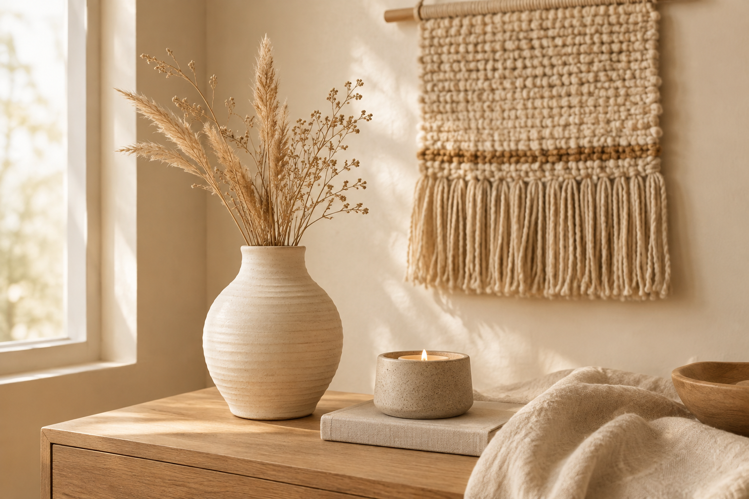 Warm interior scene with a handmade ceramic vase, woven wall hanging, and candle holder styled on natural wood in soft morning light