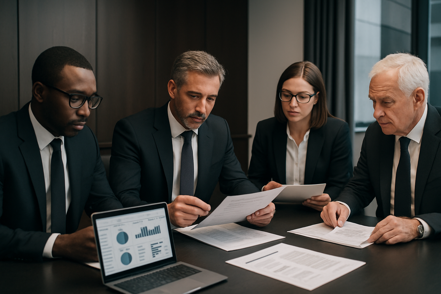 Executive procurement and commercial strategy meeting in a premium modern office, with diverse senior professionals reviewing contract documents and performance dashboards