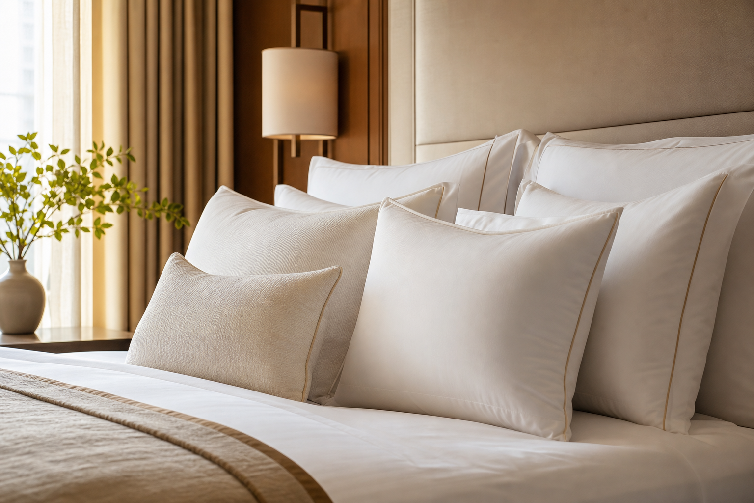 Plush premium hotel pillows layered on a refined boutique-hotel bed with soft natural light