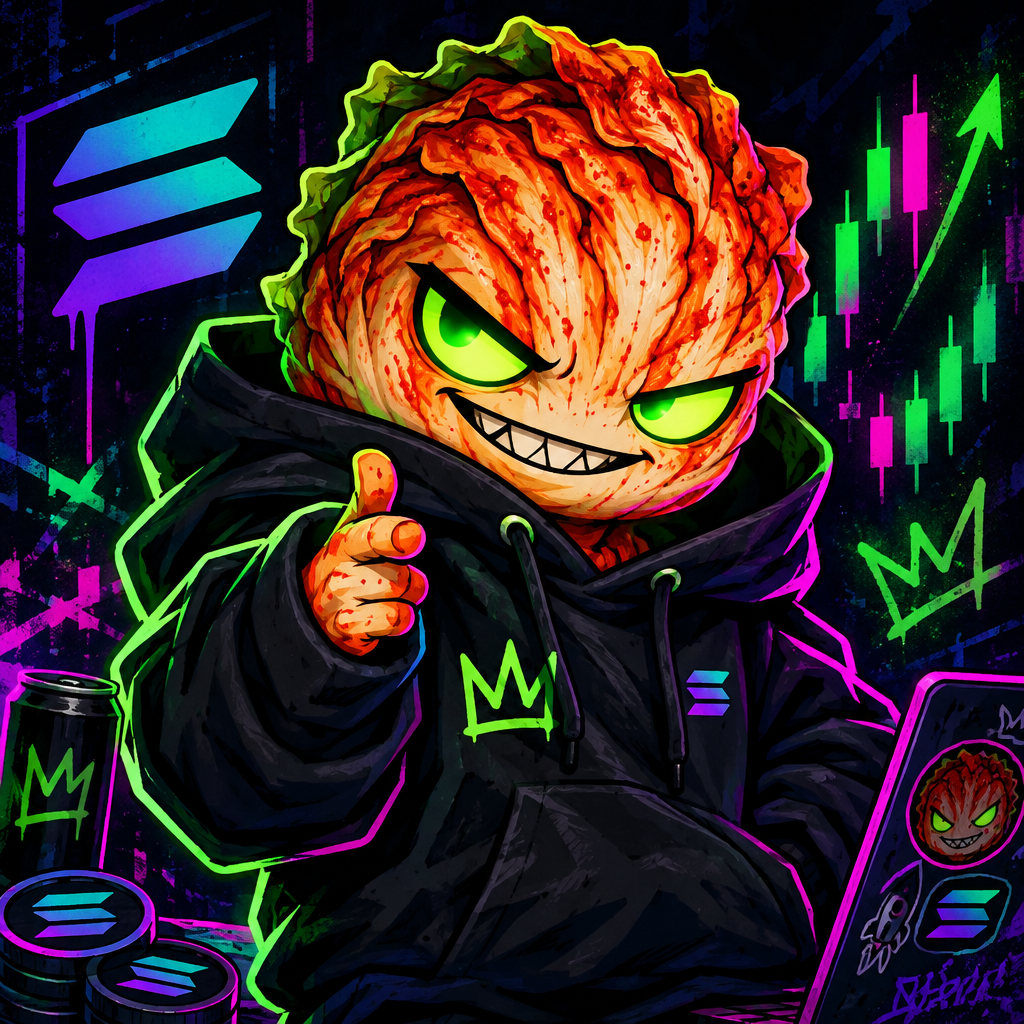 Small comic meme avatar of a mischievous kimchi-cabbage creature with glowing eyes, streetwear hoodie, and chaotic crypto energy