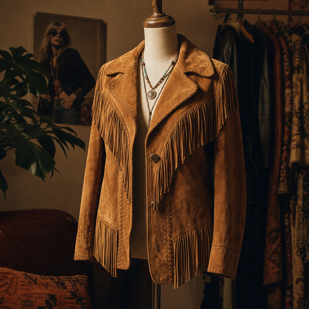 Soft caramel suede with long fringe and a broken-in collector feel.