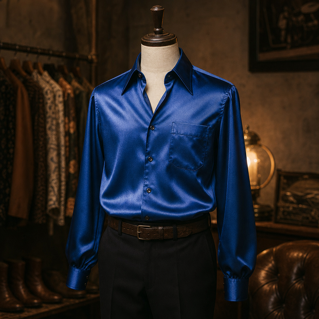 Glossy jewel-tone satin with sharp collar lines and dramatic night-out energy.