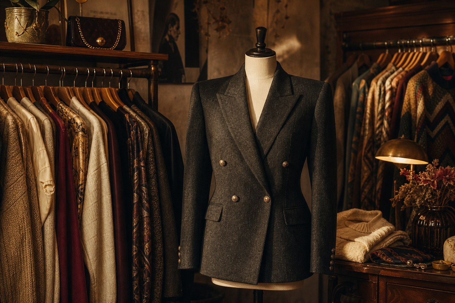 A warmly lit vintage atelier with a mannequin wearing a structured 1980s blazer, racks of textured knits, and soft cinematic shadows