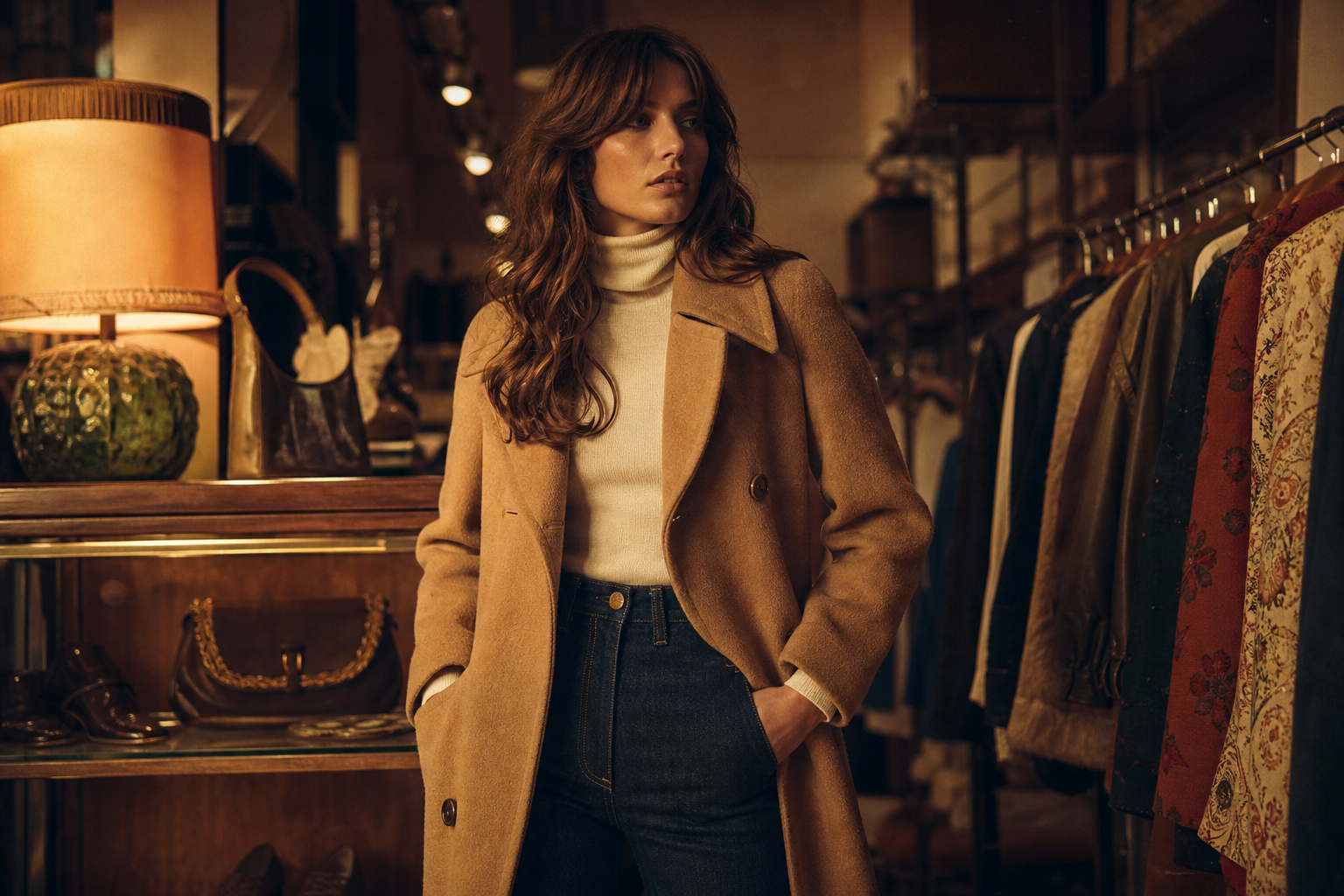 Editorial fashion photograph of a model wearing a 1970s camel wool coat and high-waisted denim in a softly lit boutique setting