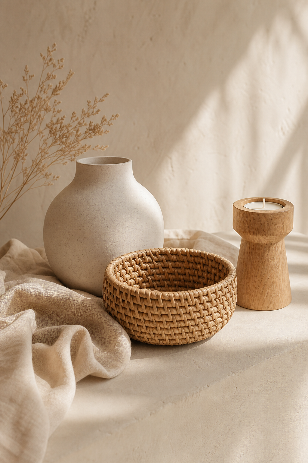 Quiet artisan tabletop still life with a matte ceramic vase, woven basket, linen fabric, and a wooden candle holder in warm natural light