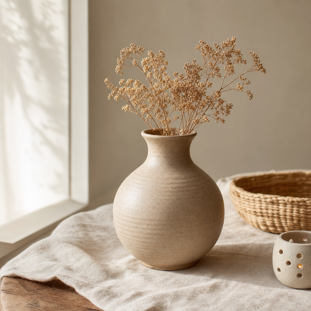 Hand-thrown ceramic vase in a warm sand tone with a matte finish on a neutral linen surface
