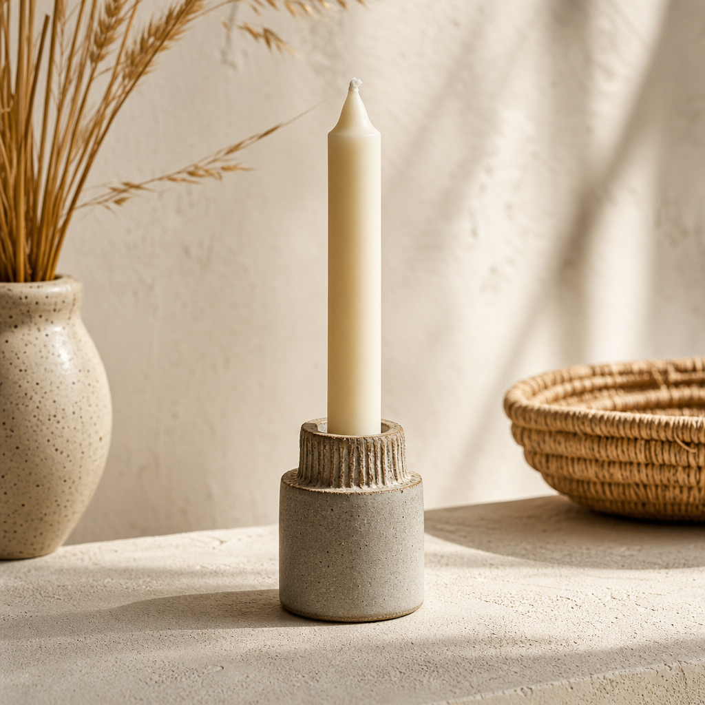 Stoneware candle holder in a muted clay tone with a textured handmade rim on a soft neutral backdrop
