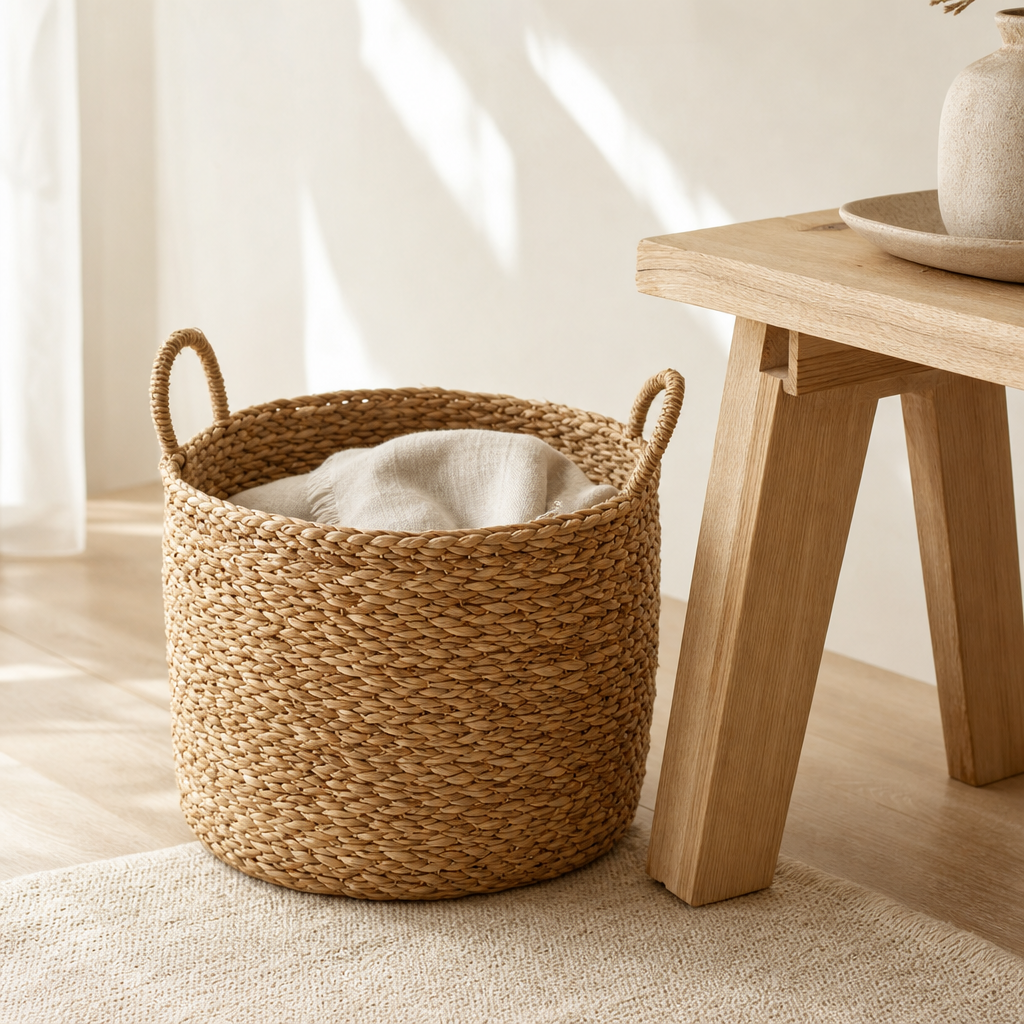 Round woven storage basket in natural seagrass with looped handles beside a wooden bench