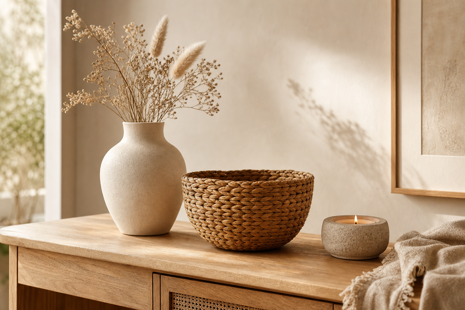 Styled handmade home decor arrangement with ceramic vase, woven basket, and candle holder in soft natural window light