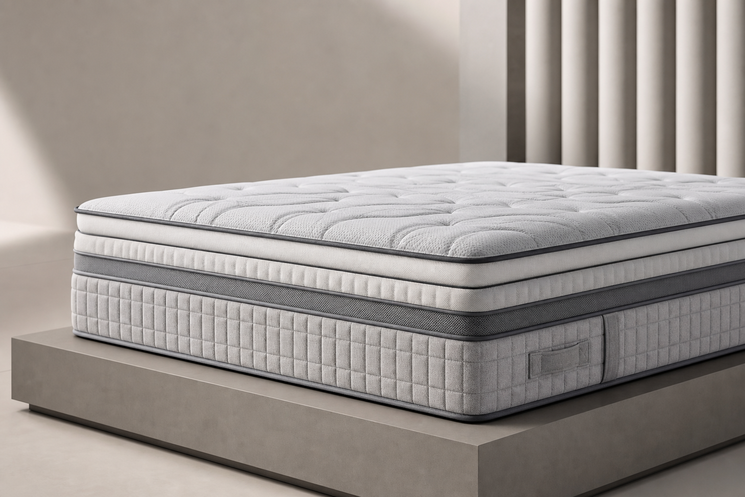 Premium modern mattress product on a clean studio set with layered profile and quilted top