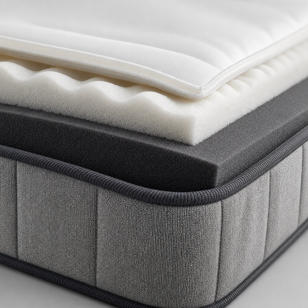 Close-up mattress materials detail showing layered foam and textile edge construction