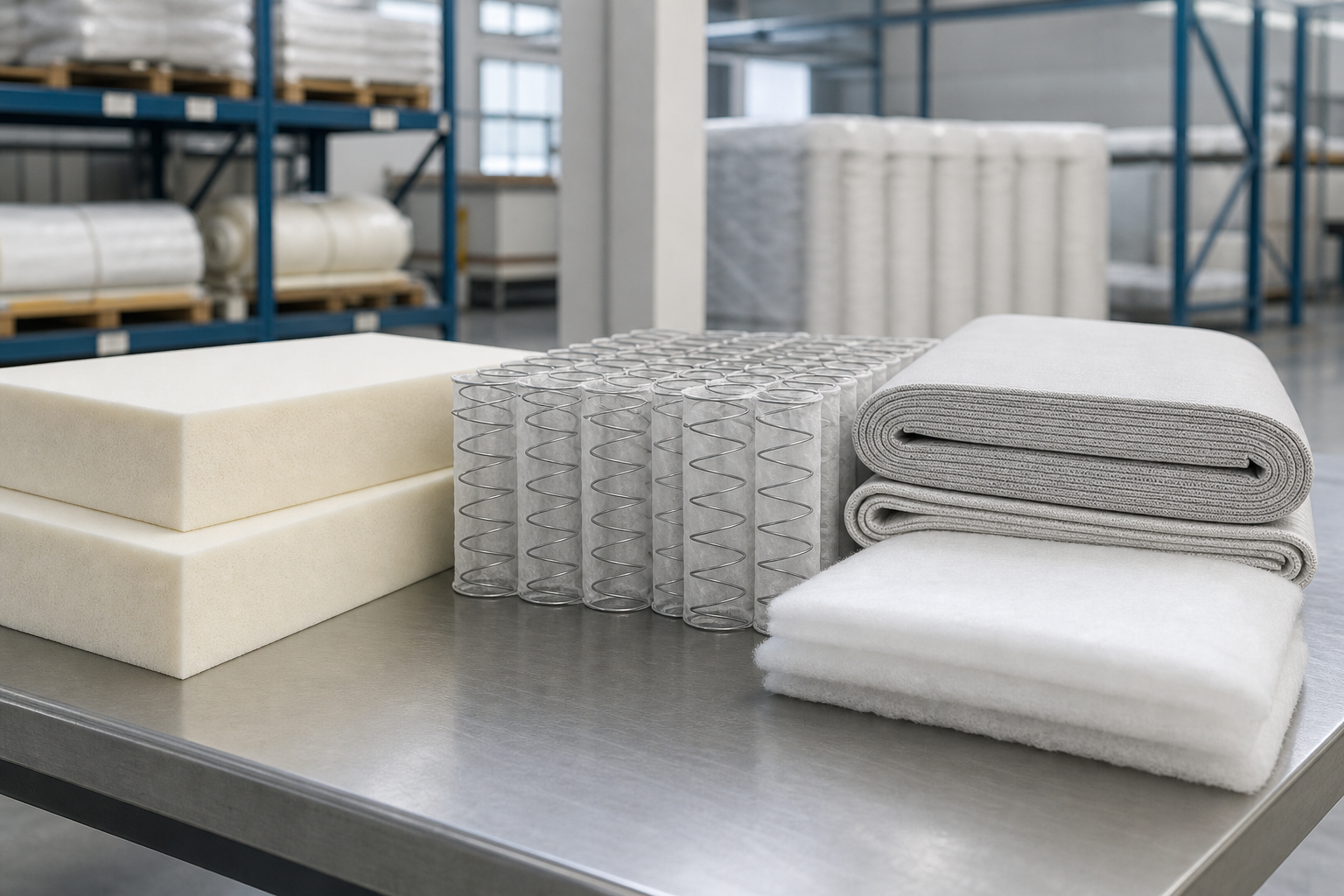 Organized mattress raw materials including foam blocks, coil springs, folded ticking fabric, and nonwoven padding laid out on a clean warehouse table