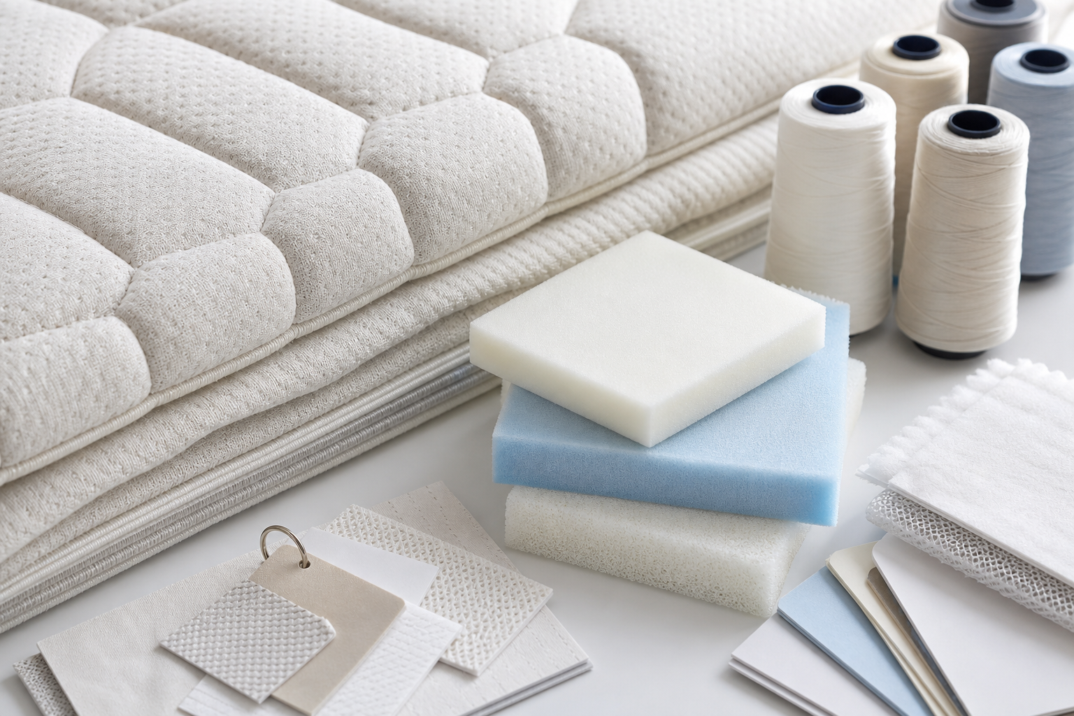 Close-up detail of mattress ticking fabric texture beside foam sample swatches and stitching threads in a professional sourcing setting