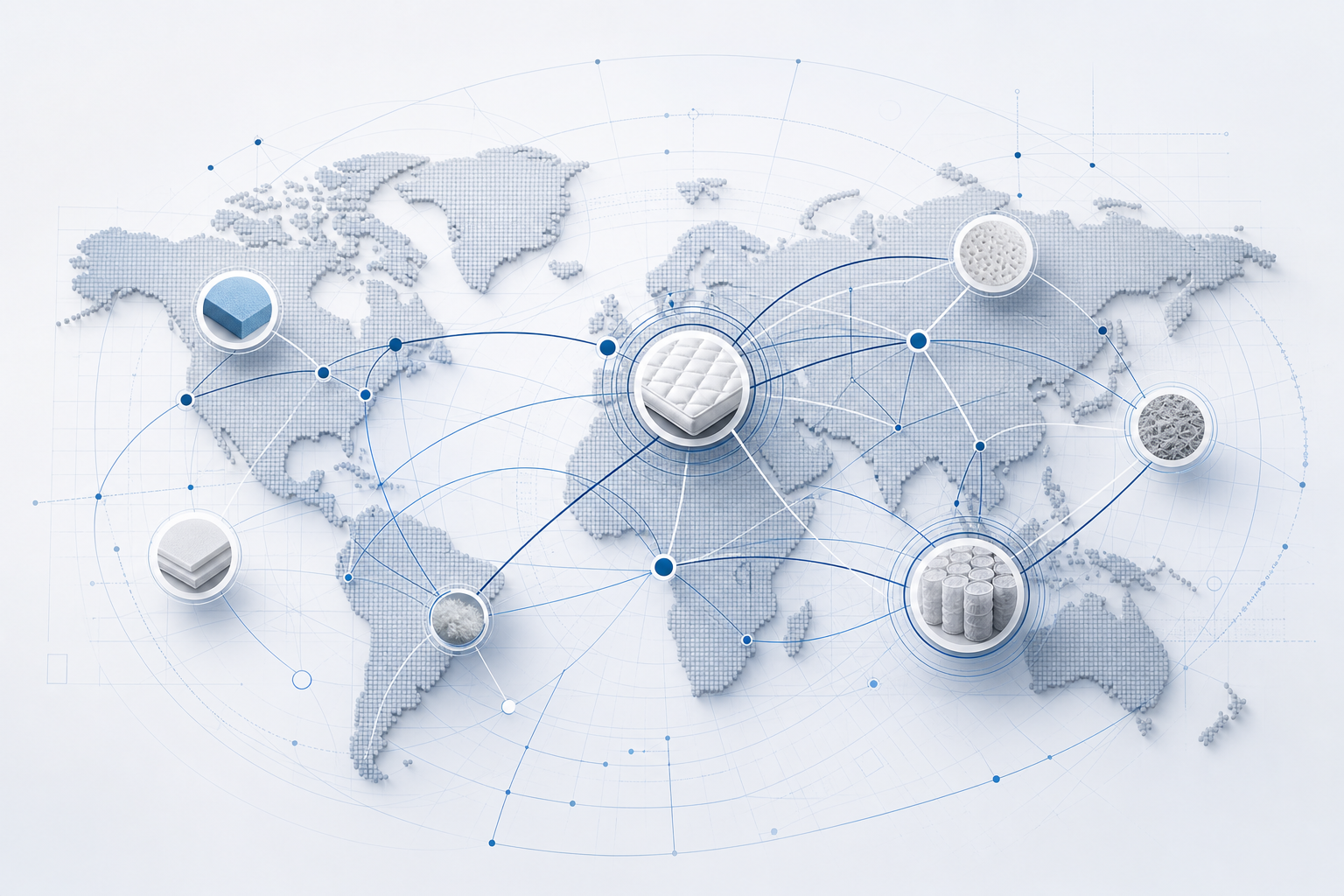 Abstract world trade network with route lines, material-flow nodes, and logistics geometry