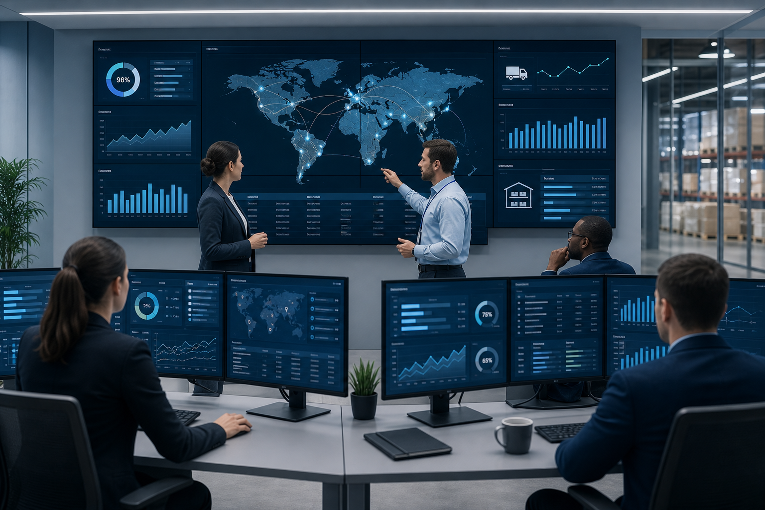 Modern logistics control center with digital dashboards, connected supply chain map, and professionals coordinating distribution.