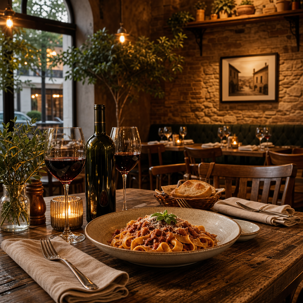Cozy rustic-modern Italian dining room with warm lighting, a wood table set with pasta and red wine, and textured stone accents