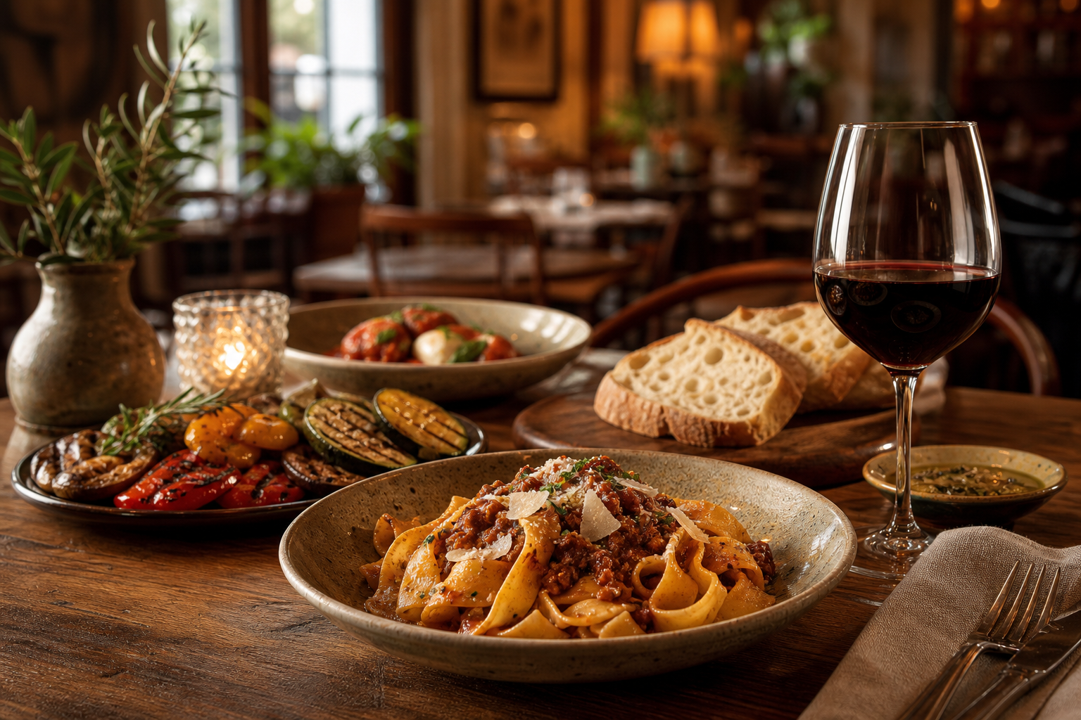 Elegant rustic Italian dinner table with handmade pasta, grilled vegetables, and a glass of red wine