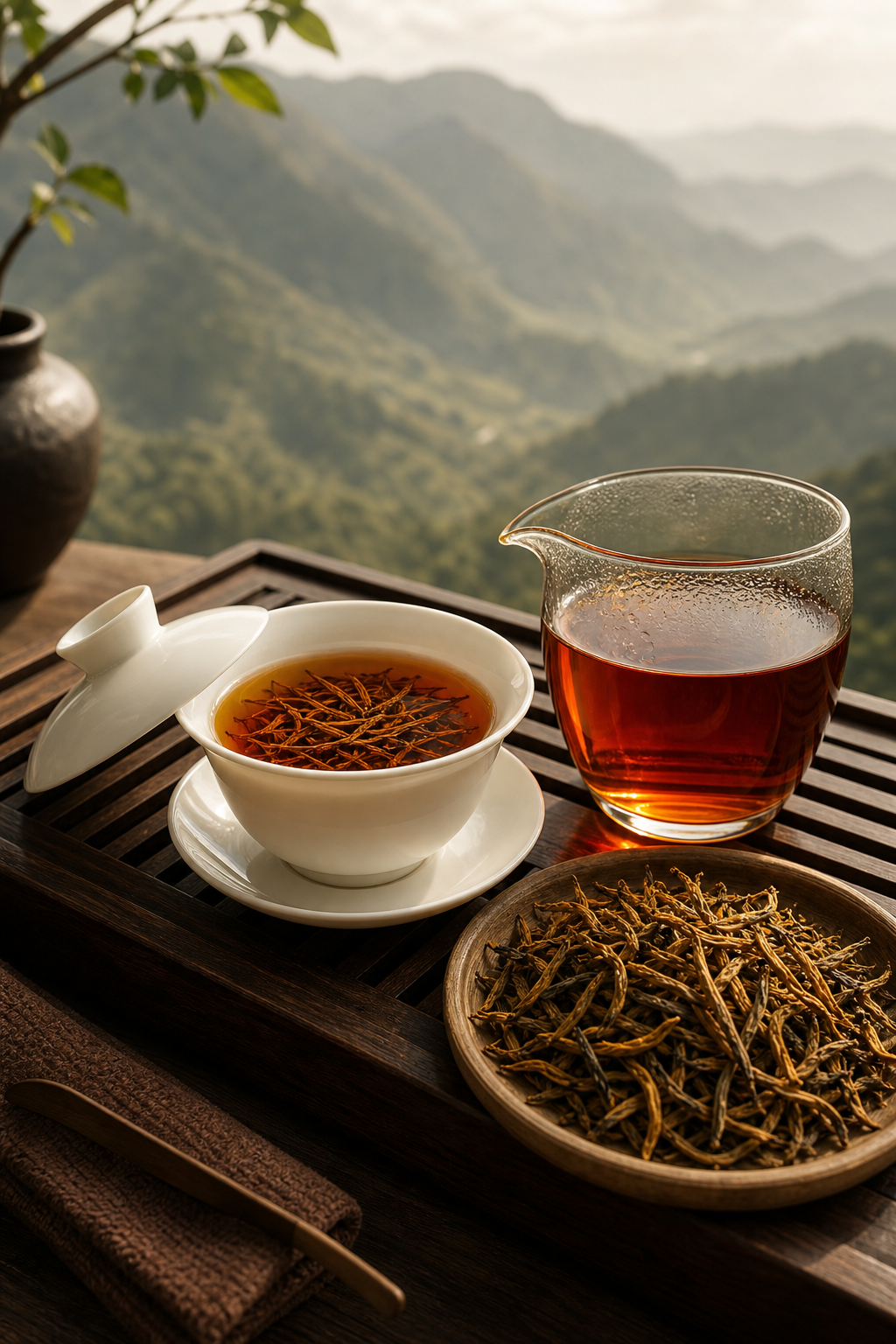 琥珀红色滇红茶汤置于精致白瓷盖碗与公道杯中，旁有金毫干茶，背景带柔和云南茶山意境