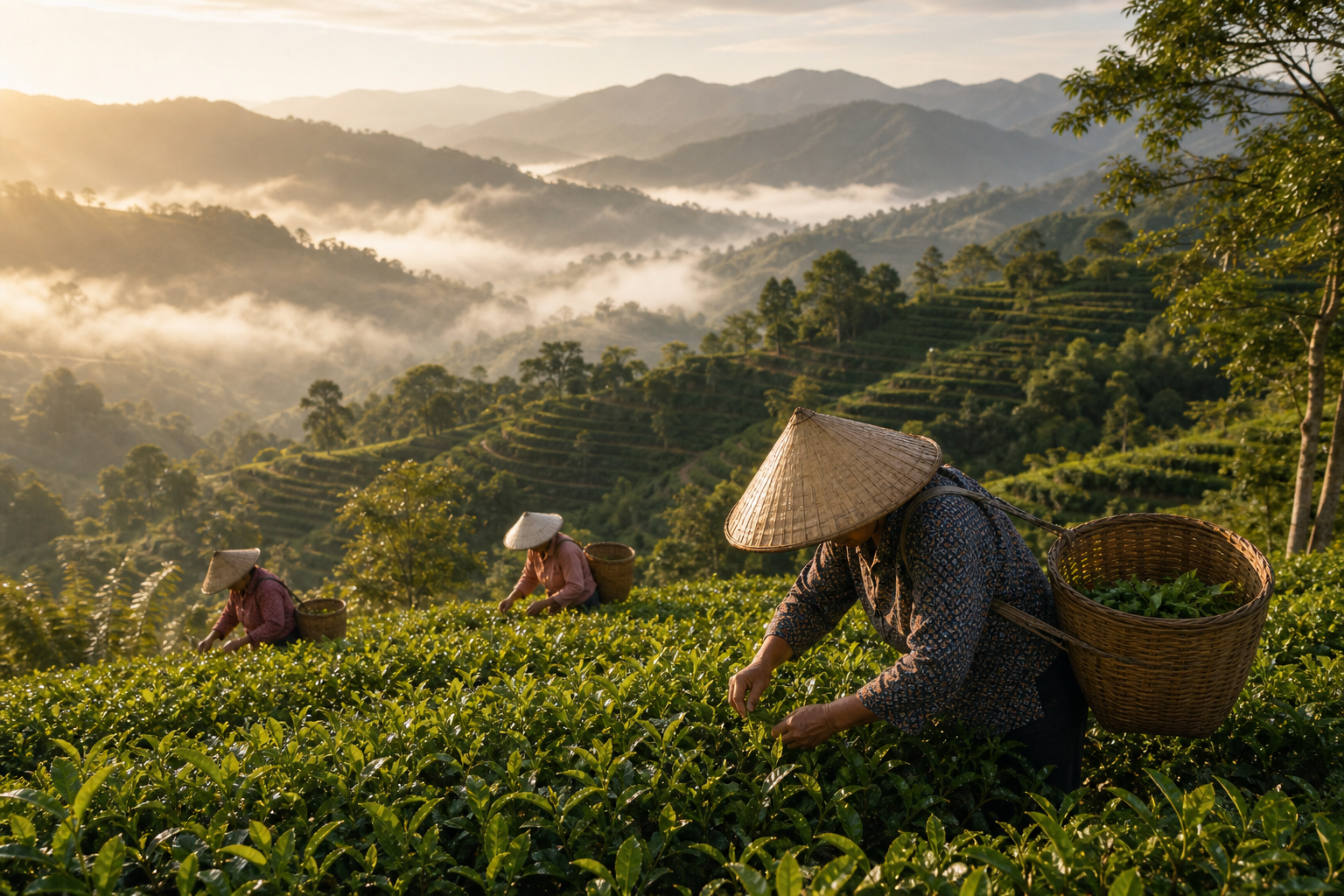 临沧凤庆茶山晨雾与采茶场景，展现云南大叶种红茶产区风貌