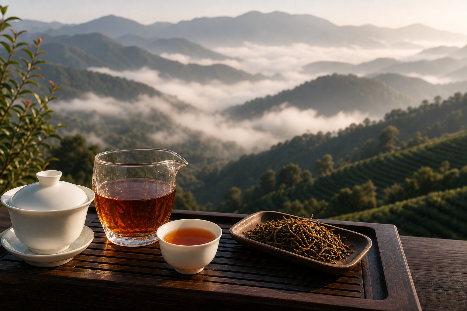 云南凤庆茶山与滇红冲泡场景，展现产地环境与茶汤质感