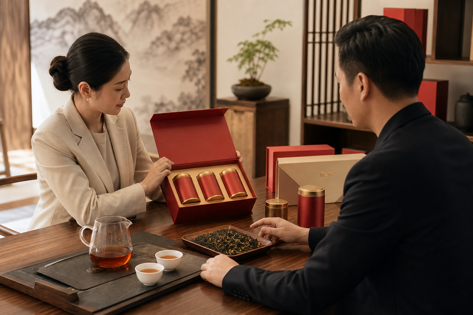 在茶桌前进行滇红礼盒与样品对比选择的商务洽谈场景，包含冲泡茶汤、干茶样与精致包装