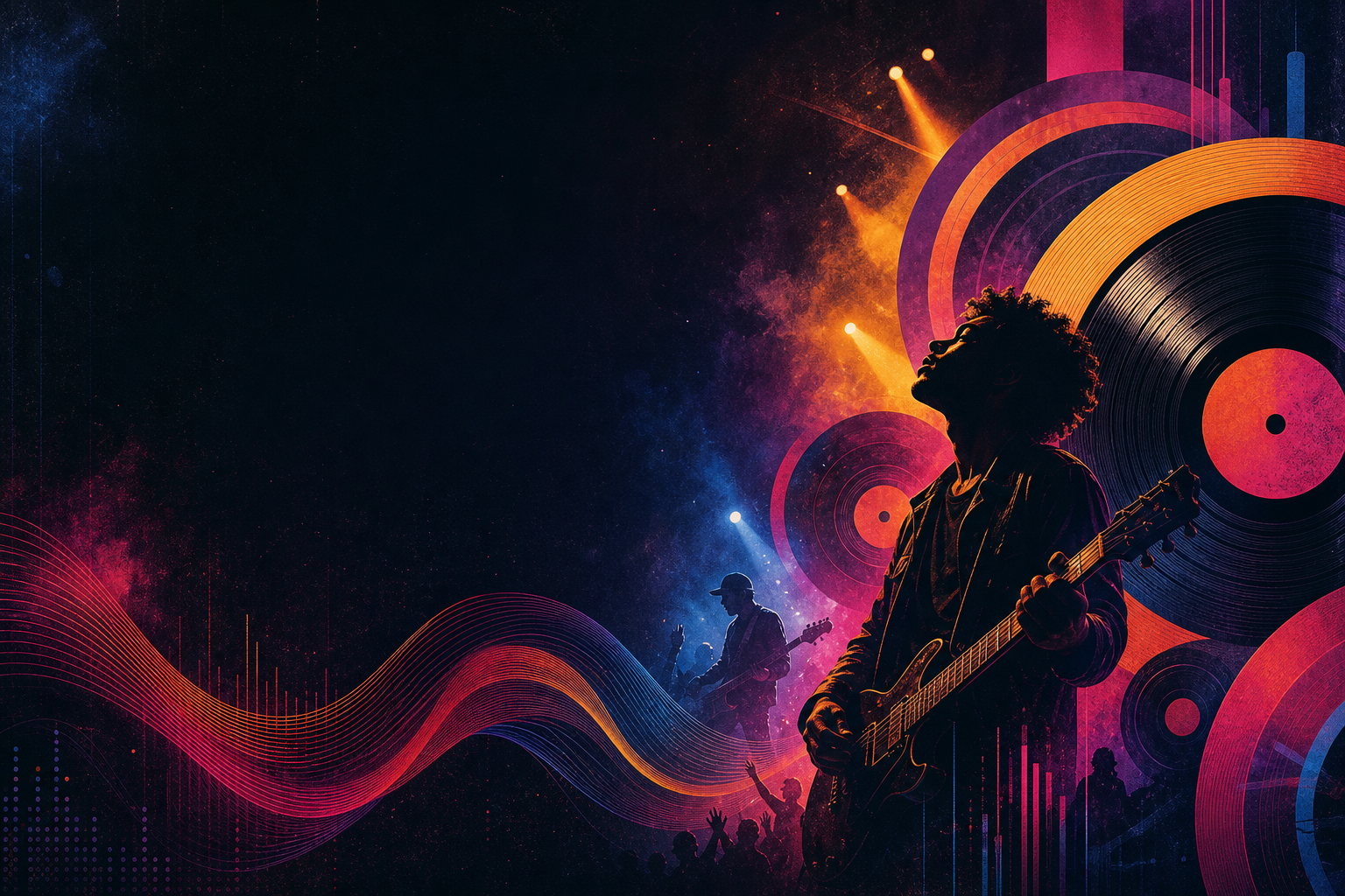 Stylized music-brand scene with dramatic stage-light glow, abstract soundwave ribbons, vinyl-inspired circles, and bold retro entertainment energy