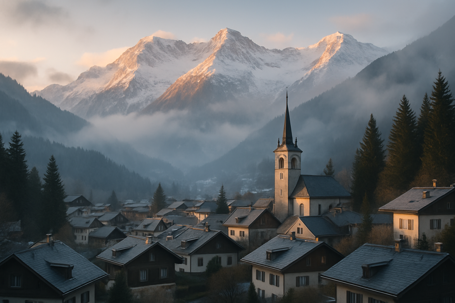 Alpine village with slate roofs, snow-dusted peaks, golden evening light