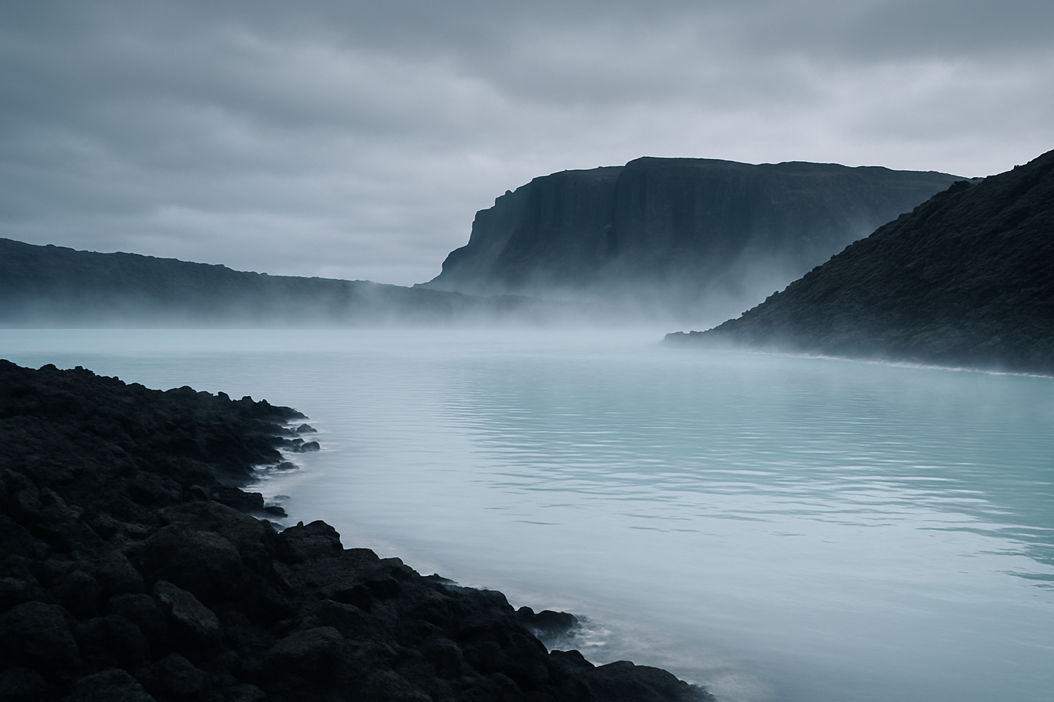 Cinematic view of Icelandic lagoon, dark volcanic shore, soft mist