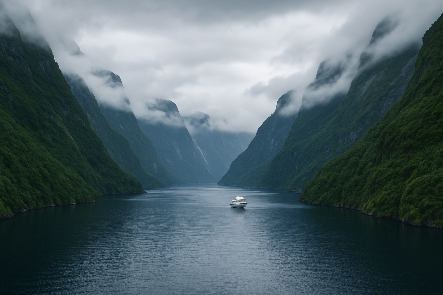 Norwegian fjord with deep blue water, steep green cliffs, soft cloud light