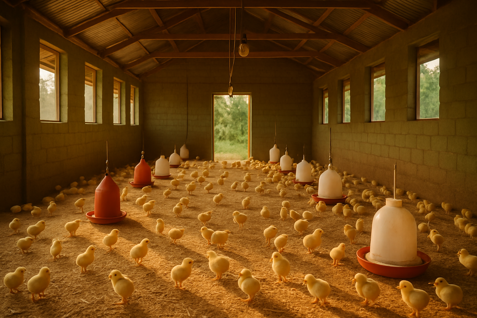Warm brooding house with neat feeders and evenly spaced chicks