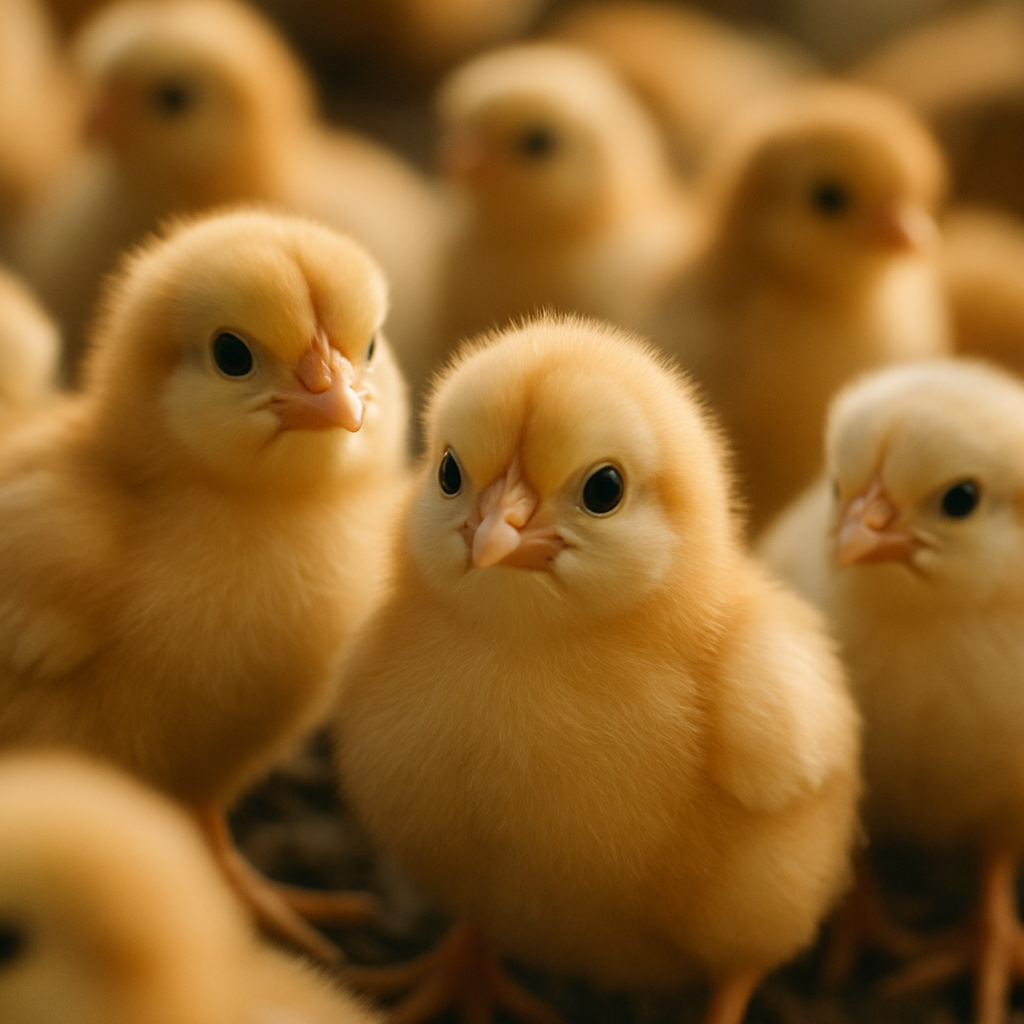 Close-up of lively, bright-eyed chicks with clean feathers