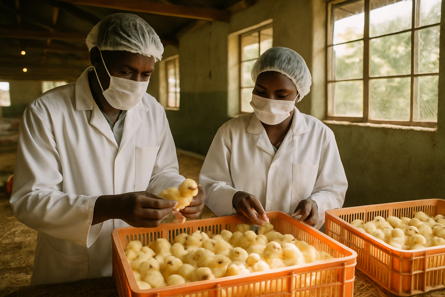 Matugga poultry hatchery staff inspecting healthy day-old chicks in a clean brooding house