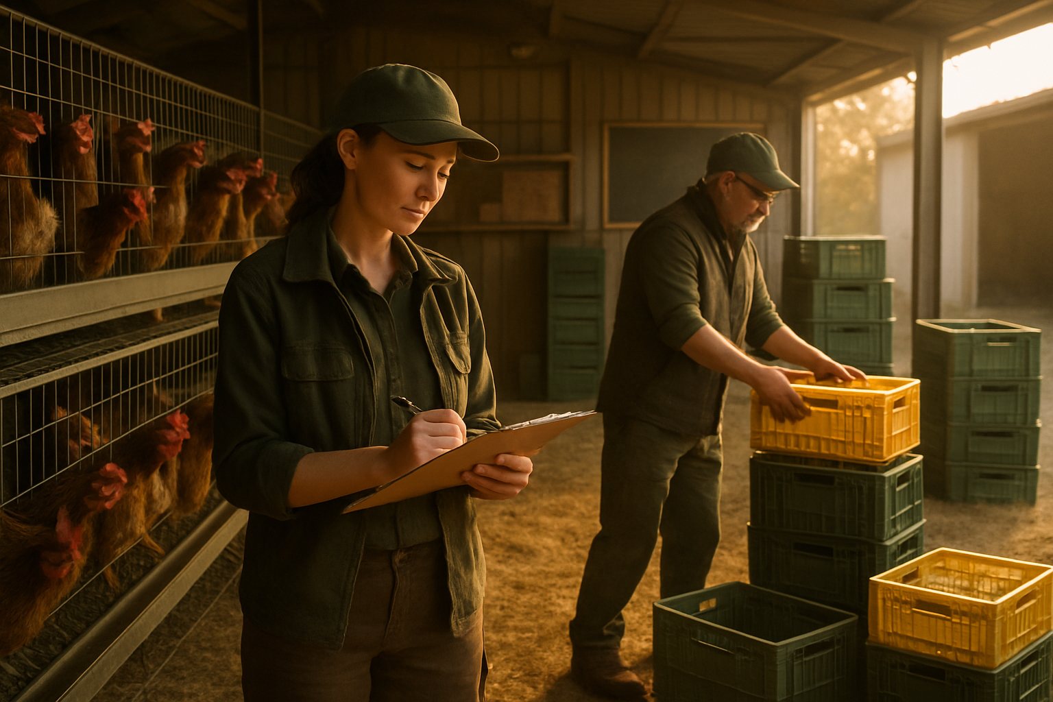 Morning farm operations with staff recording checks and preparing delivery crates