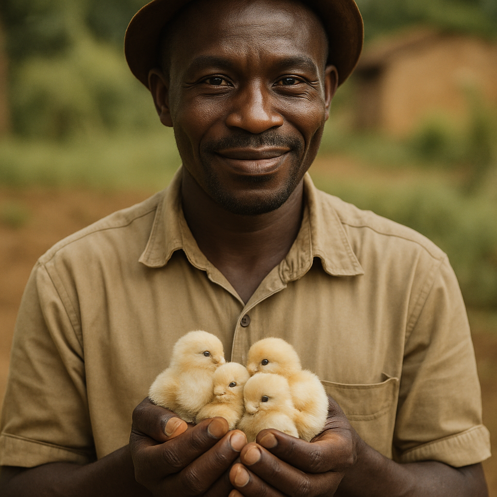 Ugandan farmer holding healthy day-old chicks