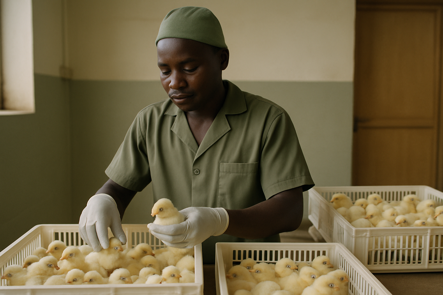 Farm staff gently handling chicks with gloves and clean trays