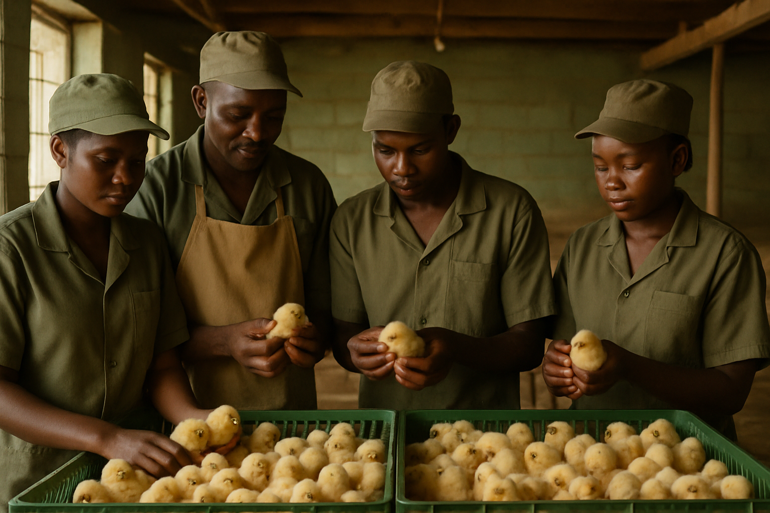 Country Farm Matugga hatchery team inspecting healthy day-old chicks in a clean brooding house