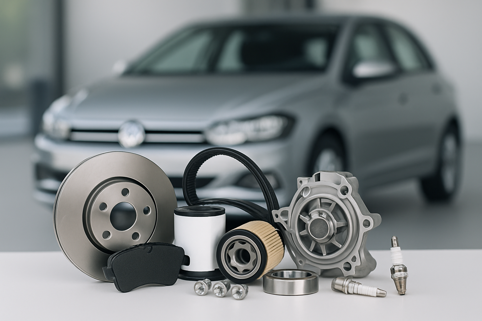 Automotive parts neatly arranged with a car in the background