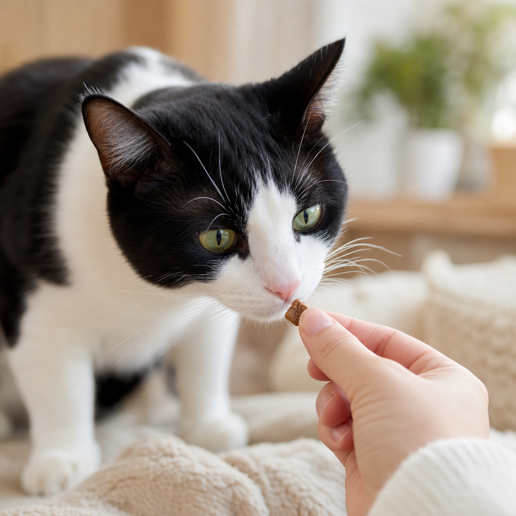 Close-up of a black-and-white cat sniffing a small treat beside a hand, ears slightly forward