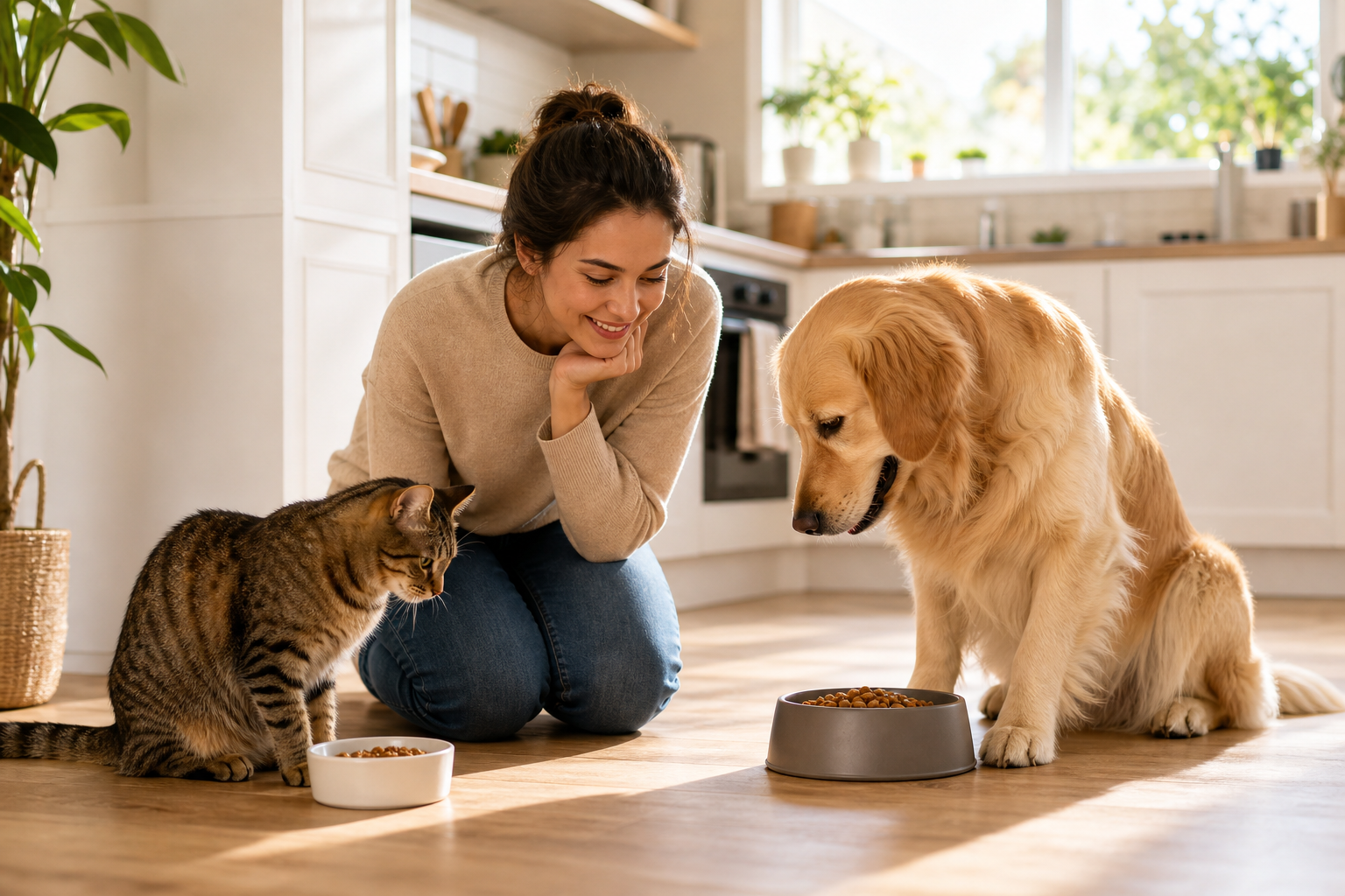 Pet owner observing a calm tabby cat and a gentle golden retriever at meal time with bowls on a bright kitchen floor