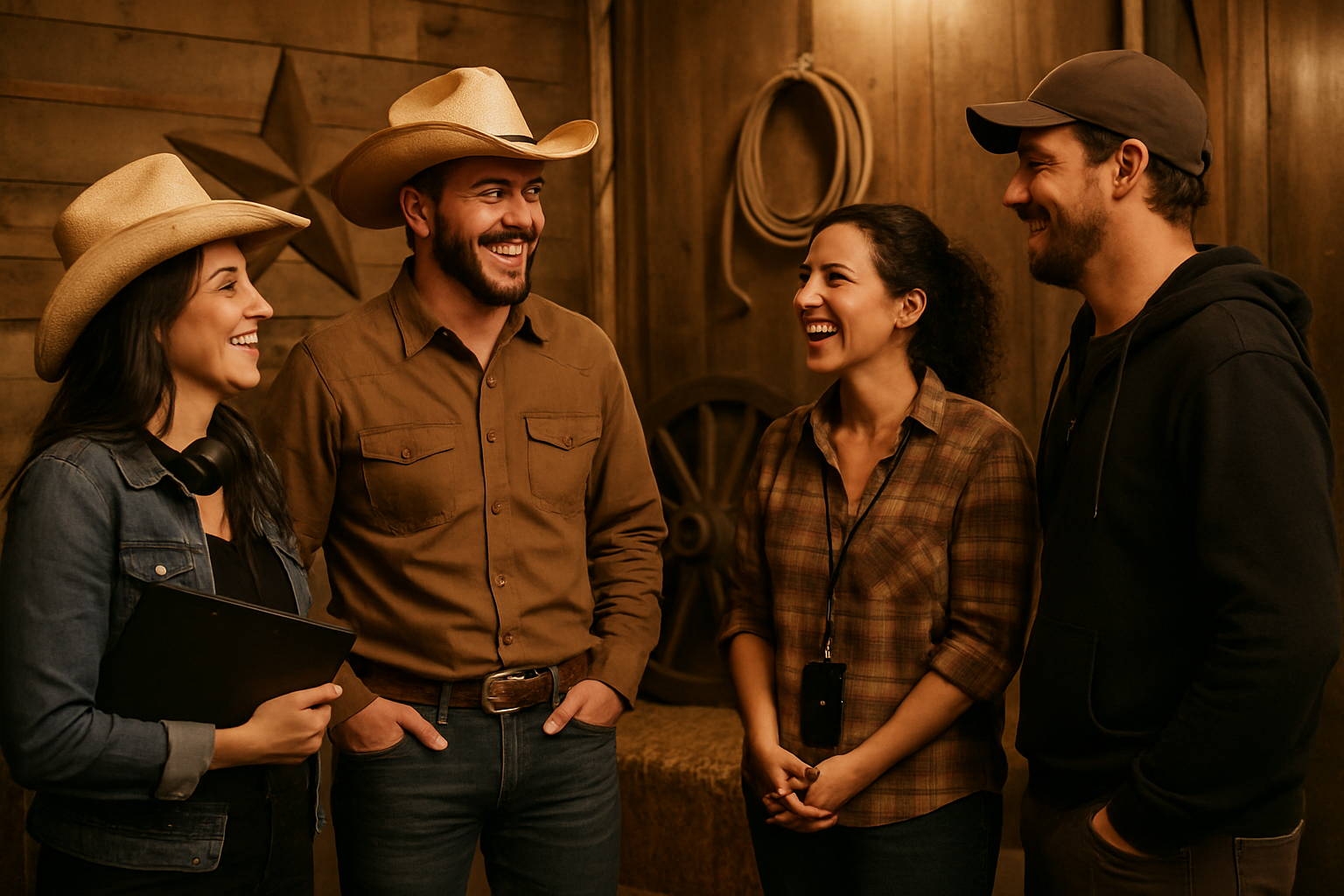 Equipe nos bastidores, conversando e sorrindo em cenário rústico country