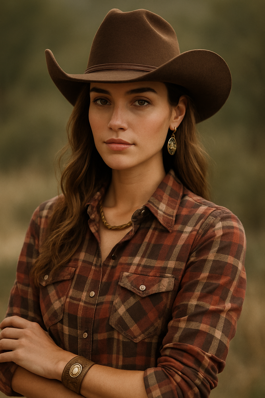 Modelo usando chapéu country, camisa xadrez e acessórios rústicos, destaque para moda sertaneja