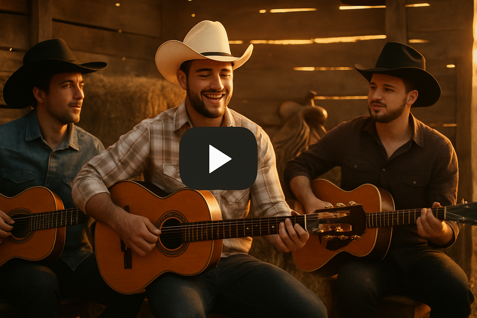Capa de vídeo com grupo sertanejo tocando viola em ambiente rústico