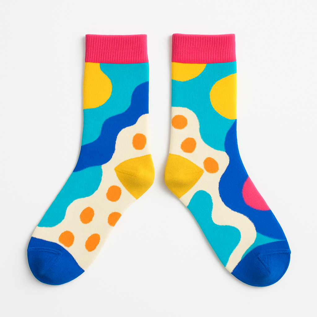 A pair of colorful, playful socks on white background