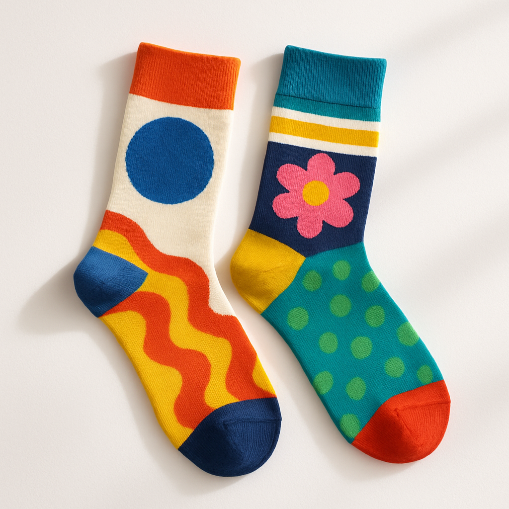 A pair of colorful, playful socks on white background