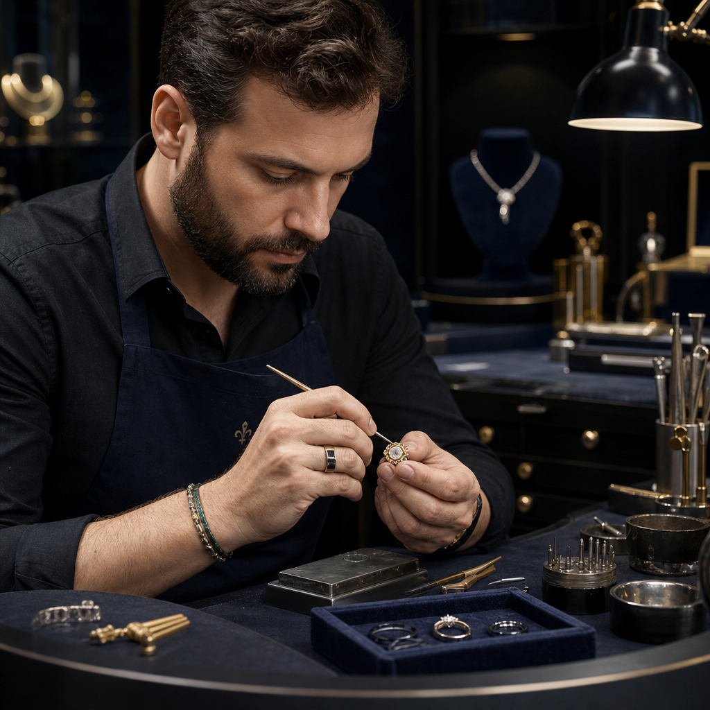 Jewelry artisan at a workbench carefully shaping a bespoke ring under warm studio light