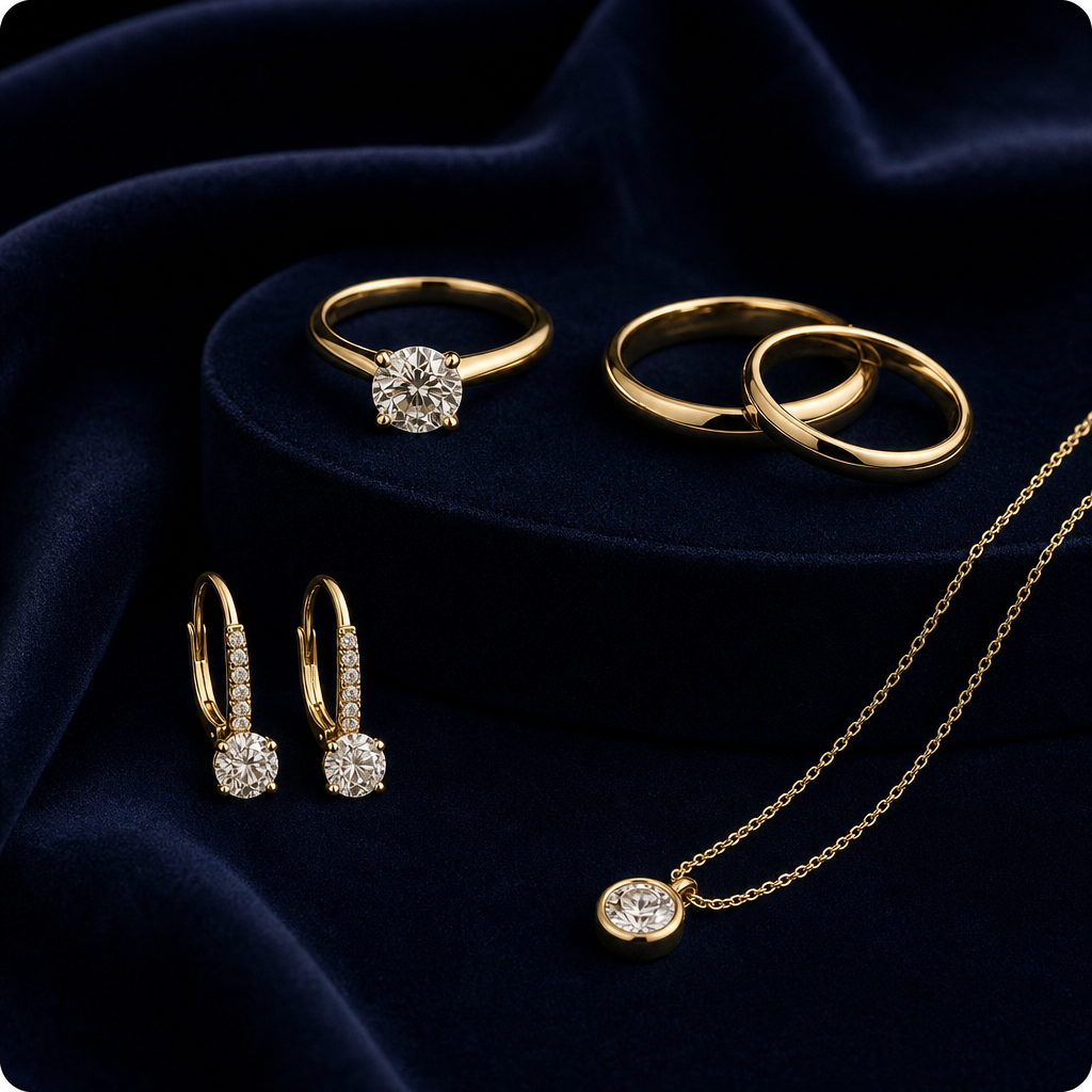 Refined composition of custom jewelry pieces including an engagement ring, wedding band, pendant, and earrings arranged in a premium editorial setting