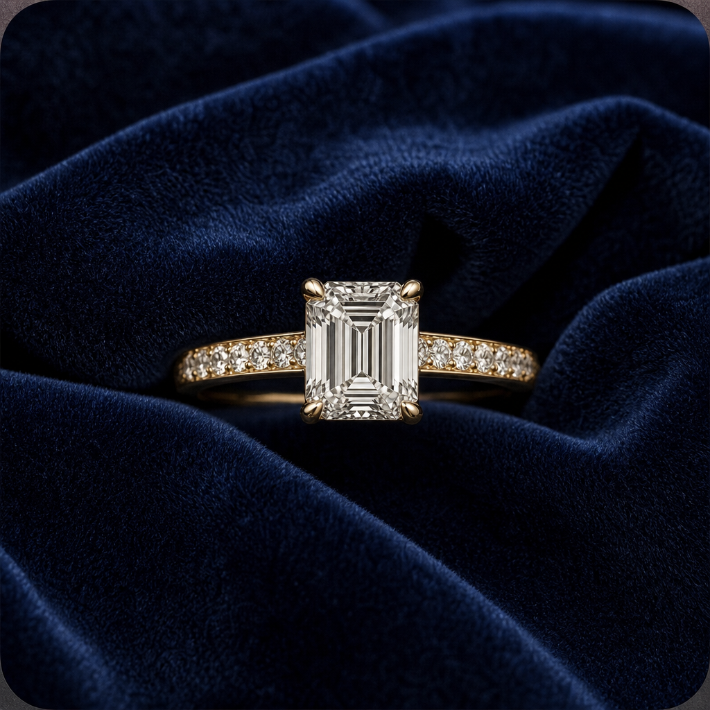 Close-up engagement ring with an oval diamond on a refined gold band, photographed on a dark editorial background