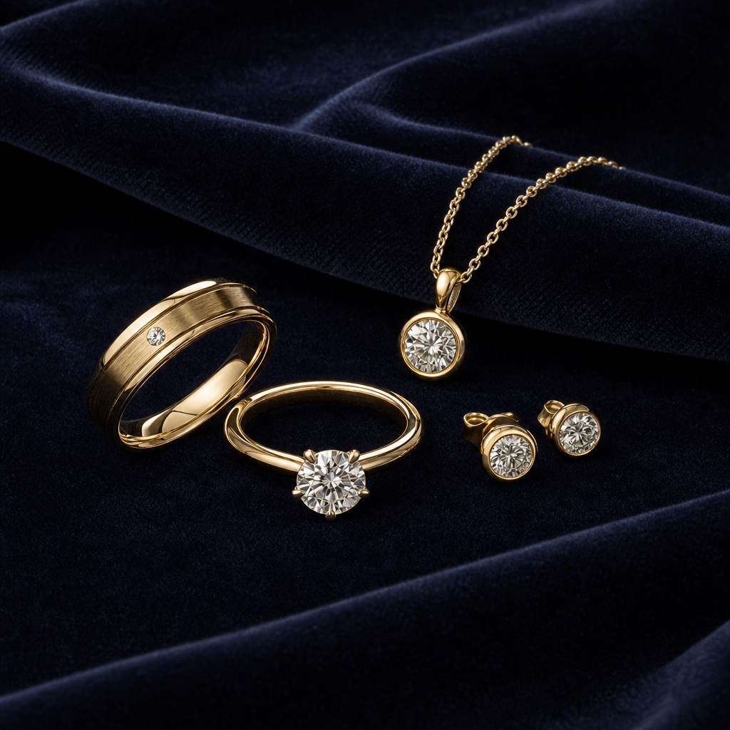 Layered fine necklaces in yellow gold and white gold arranged on a matte dark stone slab